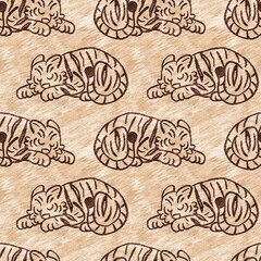 Cute safari wild tiger animal pattern for babies room decor. Seamless big cat furry brown textured gender neutral print design. 