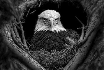 Illustration grayscale of an eagle hatching eggs in the nest