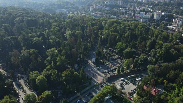Aerial shot The city of Lviv. Lychakiv cemetery museum-reserve. Ukraine