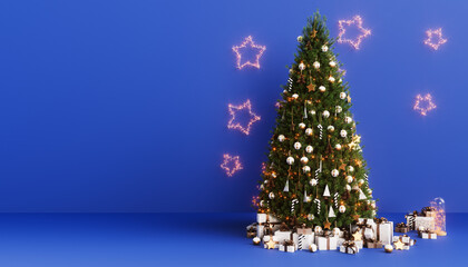 Christmas tree with gifts on a blue background. New Year's interior. Happy new year 2023. 3D render