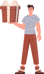 A man holds a gift box in his hands. Modern character style.