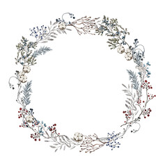 Christmas winter watercolor wreath. Pine cone and holly berries. 