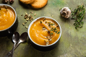 Pumpkin puree soup. Vegetable soup in a bowl