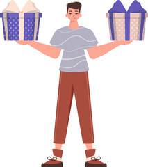 A young guy is holding a gift box. Trendy character style.
