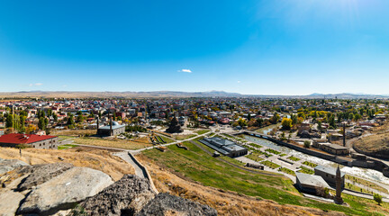 Panoramic view of Kars City. Beautiful city view from Kars Castle. Kars, Turkey.