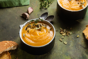 Pumpkin puree soup. Vegetable soup in a bowl
