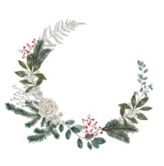 Watercolor winter Christmas wreath on the white isolated background. Winter bouquet.  