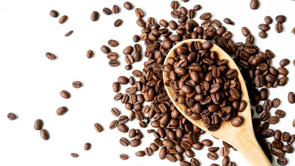close up coffee beans on wooden table