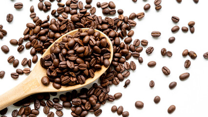 close up coffee beans on wooden table