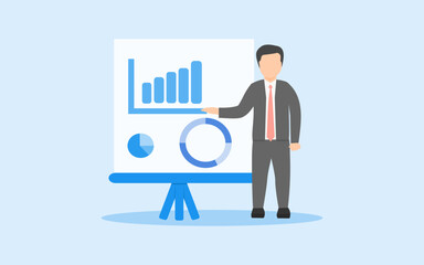 an employee wearing a suit and tie standing in front gives a presentation about the company's performance. a businessman giving a market achievement report during a meeting