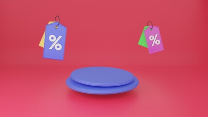 online shopping tag price and podium with circles on red background,   concept promote on websites and social media, 3D rendering.