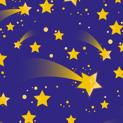 Cosmic seamless pattern of golden stars in a blue sky
