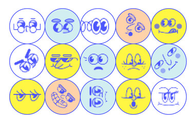 Emoticon circle icon, emotion sticker, vector halftone effect, bitmap cartoon character. Set of caricature 30 - 60s round faces