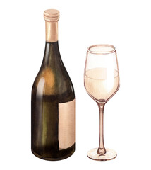 Watercolor illustration of the bottle and one glass of white wine. Picture of a alcoholic drink isolated on the white background. Concept for wine list, label, banner, menu, flyer, brochure template.