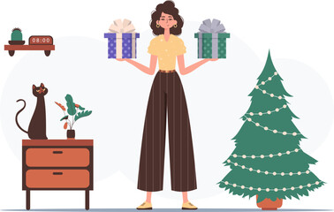 Gift concept for christmas or new year. The girl is holding a gift.