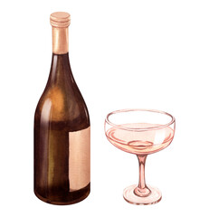 Watercolor illustration of the bottle and one glass of white wine. Picture of a alcoholic drink isolated on the white background. Concept for wine list, label, banner, menu, flyer, brochure template.