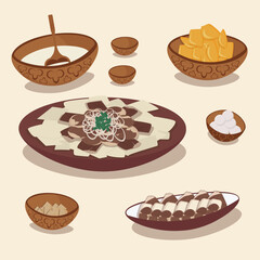 Vector set of national kazakh cuisine, dishes. Beshbarmak, baursak and qurt, kumis and irimshik.