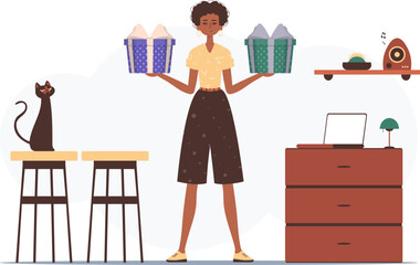 Gift concept for christmas or new year. A woman is holding a festive gift box.