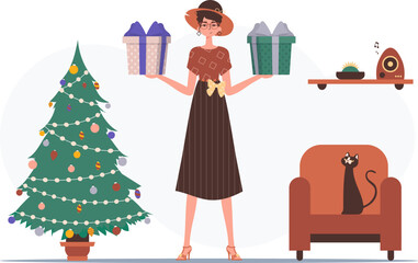 Gift concept for christmas or new year. A young woman is holding a gift box.