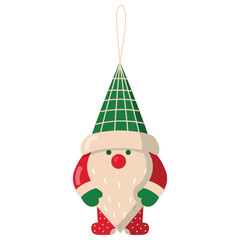 Toy gnome in red suit and valenki and green cap. Vector Christmas illustration.