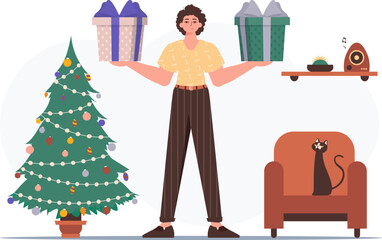 Gift concept for christmas or new year. The boy is holding a gift.