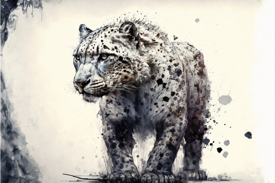 Ink painting of snow leopard portrait