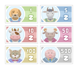It`s paper money with pictures of different animals. These six banknotes have different colors and denominations. You can use them for board games, children games or other activities. 