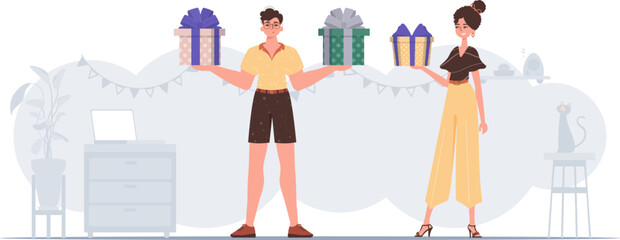 A man and a woman are holding gift boxes in their hands. Christmas gift concept.