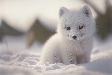 Baby Arctic fox (Vulpes Lagopus) in snow habitat, winter landscape, Generative AI