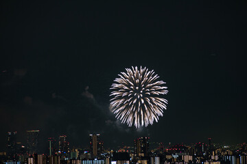 View of fireworks during a summer festival with a clear sky night (Toyonaka, Osaka, Japan) (20221203-005)