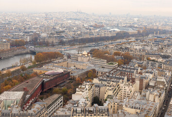 Views of the landscape of the city of Paris and the Seine River from the Eiffel Tower
