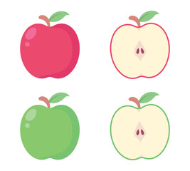 Set of colorful red and green apple cartoon vector. Simple flat design apple fruit. Vegetarian and ecology food. Healthy food. Sweet apple. Tropical fruits.
