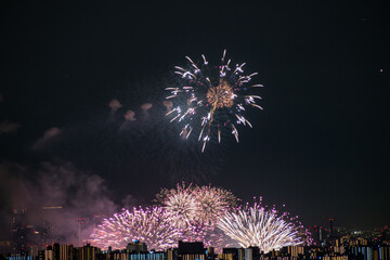 View of fireworks during a summer festival with a clear sky night (Toyonaka, Osaka, Japan) (20221203-014)