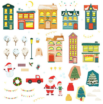 New Year and Christmas home set. Stylized winter cute cozy houses with snowman, trees, mountains. Winter City collection. Vector illustration holidays elements.