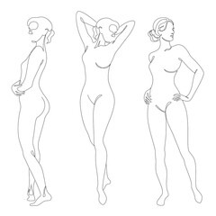 Collection .Silhouettes of a girl in a modern single line style. Woman continuous line drawing, decor outline, posters, wall art, stickers, logo. Vector illustration set.