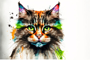 Watercolor painting of a cat portrait - obrazy, fototapety, plakaty