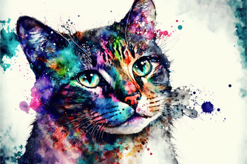 Watercolor painting of a cat portrait - obrazy, fototapety, plakaty