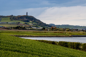 Scrabo Tower on the top of the hill, Strangford lough and green fields on the countryside of Newtownards, Northern Ireland. 
