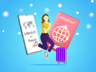 Travel concept. Happy women traveling jump with suitcase, passport, smartphone and snow drop on blue sky background. Illustration 3D for tourist girl cheerful in winter travel, lifestyle to travel 