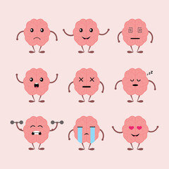 Cute brain character in different poses.set of cartoon chat bots, different poses flat illustration sets.