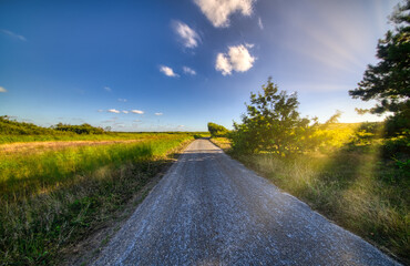 Puffy clouds and country road through nature reserve Het Zwanenwater, Callantsoog, The Netherlands.