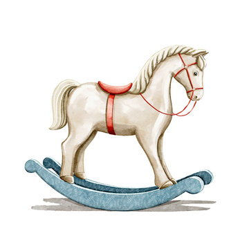 Watercolor vintage  cute toy rocking horse animal with red saddle and bridle isolated on white background. Hand drawn illustration sketch