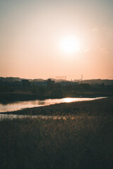 調布市 多摩川から望む夕日
