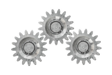 Three metal gears are isolated white background. Cogwheels.