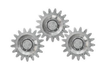 Three metal gears are isolated white background. Cogwheels.