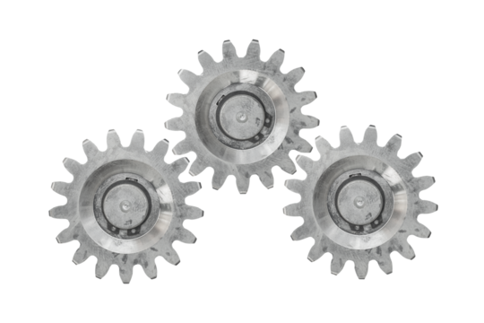 Three metal gears are isolated white background. Cogwheels.