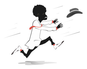 Running African man. Strong wind. Lost hat.
Funny African man trying to catch a hat gone with the wind. Isolated on white background
