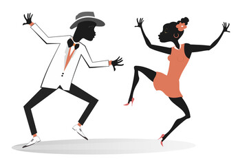 Romantic dancing young African couple illustration. Funny dancing young African man and woman. Isolated on white background