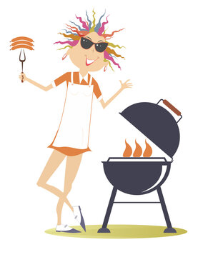 woman grilling sausages, colorful hair, sunglasses clip art preview
