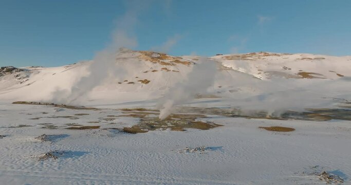 aerial view on fumaroles steam in geothermal area hverir